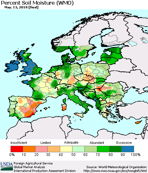 Europe Percent Soil Moisture (WMO) Thematic Map For 5/7/2018 - 5/13/2018