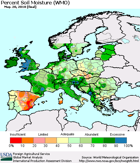 Europe Percent Soil Moisture (WMO) Thematic Map For 5/14/2018 - 5/20/2018
