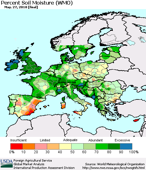 Europe Percent Soil Moisture (WMO) Thematic Map For 5/21/2018 - 5/27/2018