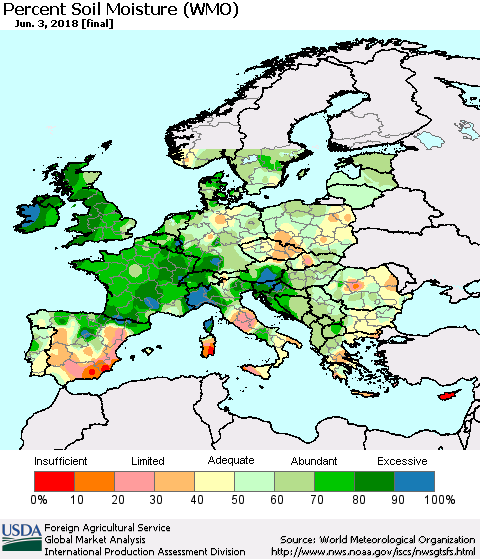 Europe Percent Soil Moisture (WMO) Thematic Map For 5/28/2018 - 6/3/2018