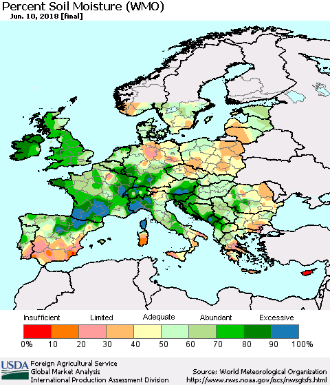 Europe Percent Soil Moisture (WMO) Thematic Map For 6/4/2018 - 6/10/2018