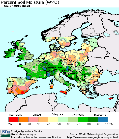 Europe Percent Soil Moisture (WMO) Thematic Map For 6/11/2018 - 6/17/2018