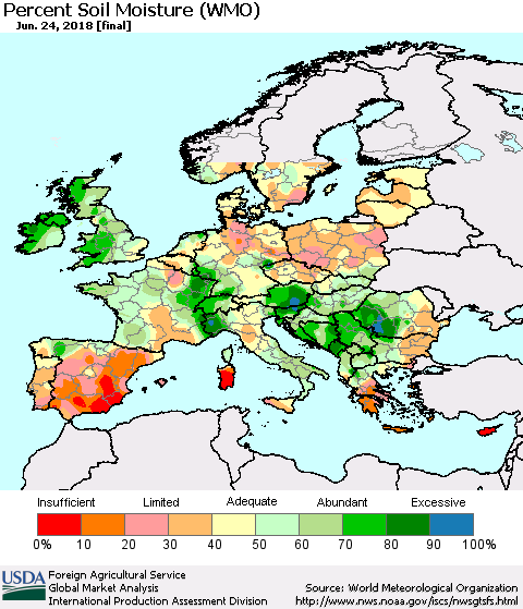 Europe Percent Soil Moisture (WMO) Thematic Map For 6/18/2018 - 6/24/2018