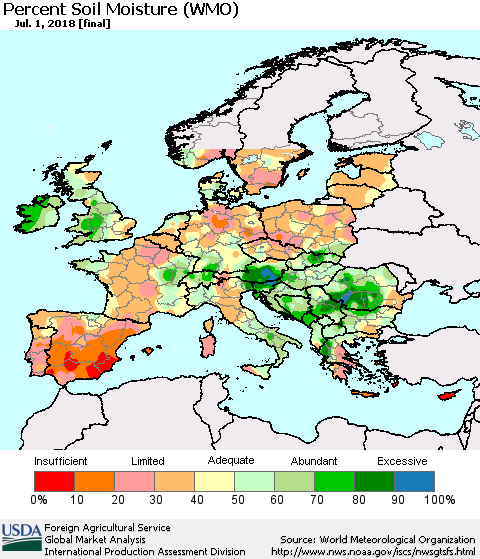 Europe Percent Soil Moisture (WMO) Thematic Map For 6/25/2018 - 7/1/2018