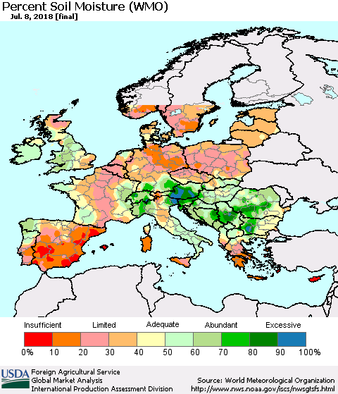 Europe Percent Soil Moisture (WMO) Thematic Map For 7/2/2018 - 7/8/2018
