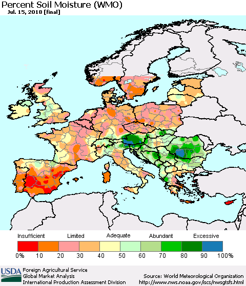 Europe Percent Soil Moisture (WMO) Thematic Map For 7/9/2018 - 7/15/2018