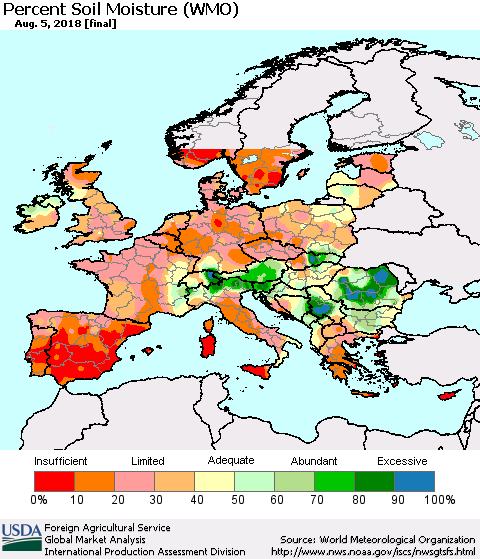 Europe Percent Soil Moisture (WMO) Thematic Map For 7/30/2018 - 8/5/2018