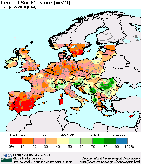 Europe Percent Soil Moisture (WMO) Thematic Map For 8/6/2018 - 8/12/2018