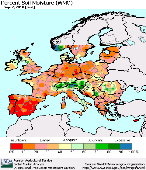 Europe Percent Soil Moisture (WMO) Thematic Map For 8/27/2018 - 9/2/2018