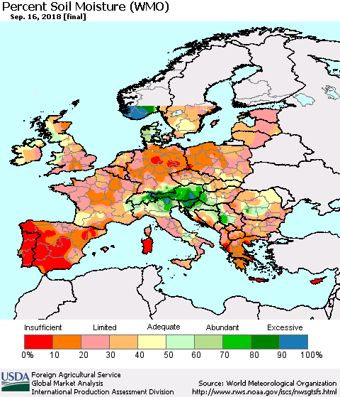 Europe Percent Soil Moisture (WMO) Thematic Map For 9/10/2018 - 9/16/2018