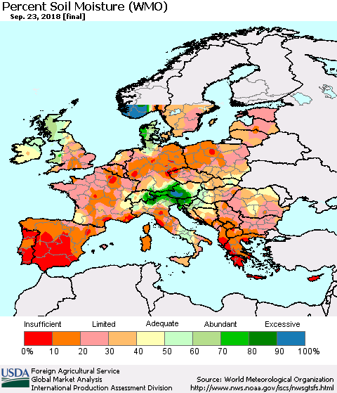 Europe Percent Soil Moisture (WMO) Thematic Map For 9/17/2018 - 9/23/2018