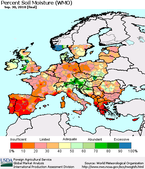Europe Percent Soil Moisture (WMO) Thematic Map For 9/24/2018 - 9/30/2018