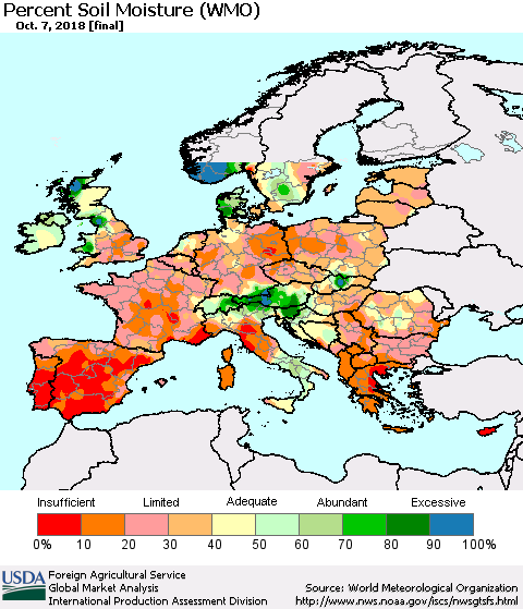 Europe Percent Soil Moisture (WMO) Thematic Map For 10/1/2018 - 10/7/2018