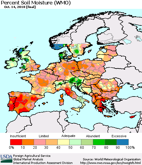 Europe Percent Soil Moisture (WMO) Thematic Map For 10/8/2018 - 10/14/2018