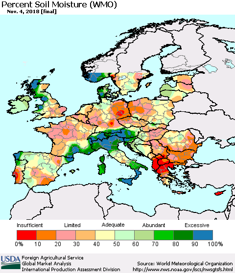 Europe Percent Soil Moisture (WMO) Thematic Map For 10/29/2018 - 11/4/2018