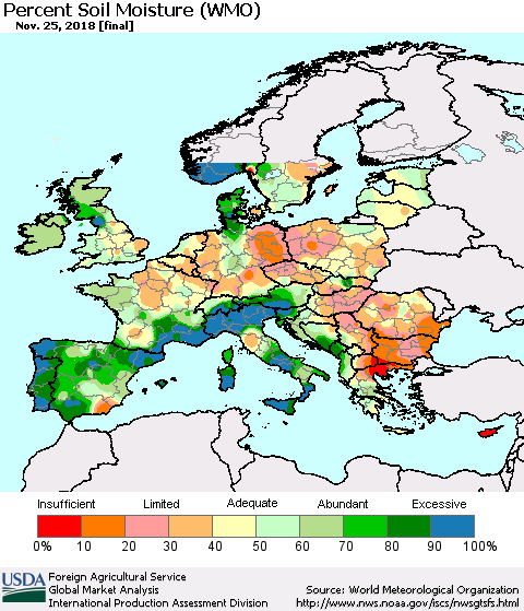 Europe Percent Soil Moisture (WMO) Thematic Map For 11/19/2018 - 11/25/2018