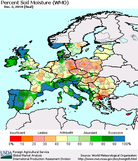 Europe Percent Soil Moisture (WMO) Thematic Map For 11/26/2018 - 12/2/2018