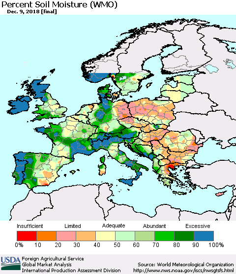 Europe Percent Soil Moisture (WMO) Thematic Map For 12/3/2018 - 12/9/2018
