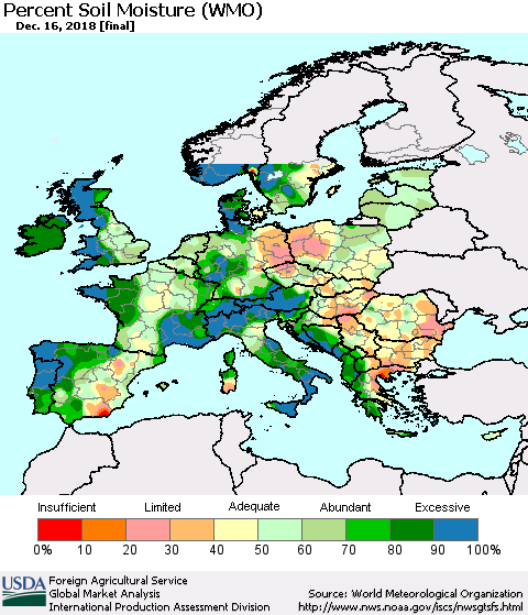 Europe Percent Soil Moisture (WMO) Thematic Map For 12/10/2018 - 12/16/2018