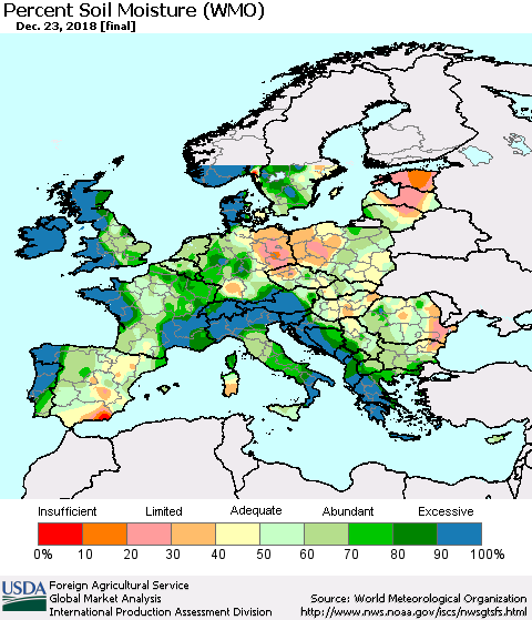 Europe Percent Soil Moisture (WMO) Thematic Map For 12/17/2018 - 12/23/2018