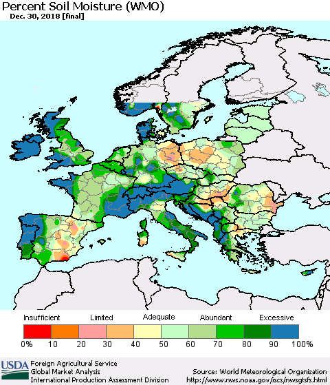 Europe Percent Soil Moisture (WMO) Thematic Map For 12/24/2018 - 12/30/2018