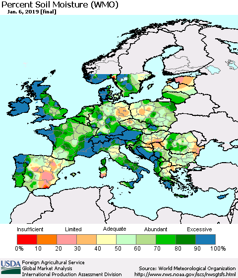 Europe Percent Soil Moisture (WMO) Thematic Map For 12/31/2018 - 1/6/2019