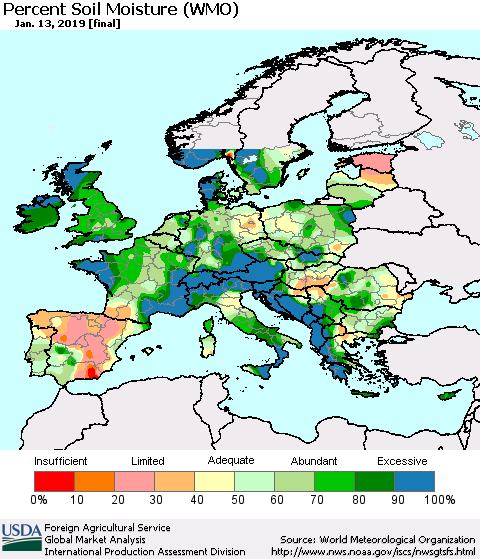 Europe Percent Soil Moisture (WMO) Thematic Map For 1/7/2019 - 1/13/2019