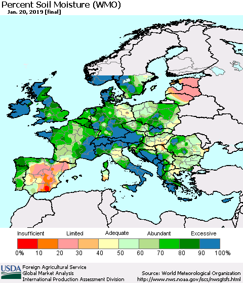 Europe Percent Soil Moisture (WMO) Thematic Map For 1/14/2019 - 1/20/2019