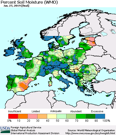 Europe Percent Soil Moisture (WMO) Thematic Map For 1/21/2019 - 1/27/2019