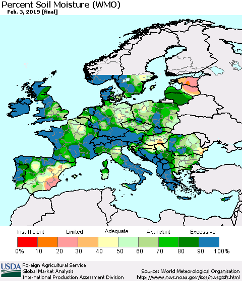 Europe Percent Soil Moisture (WMO) Thematic Map For 1/28/2019 - 2/3/2019