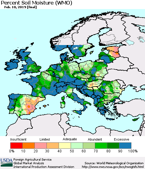 Europe Percent Soil Moisture (WMO) Thematic Map For 2/4/2019 - 2/10/2019