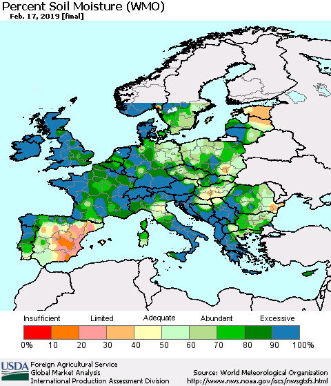 Europe Percent Soil Moisture (WMO) Thematic Map For 2/11/2019 - 2/17/2019