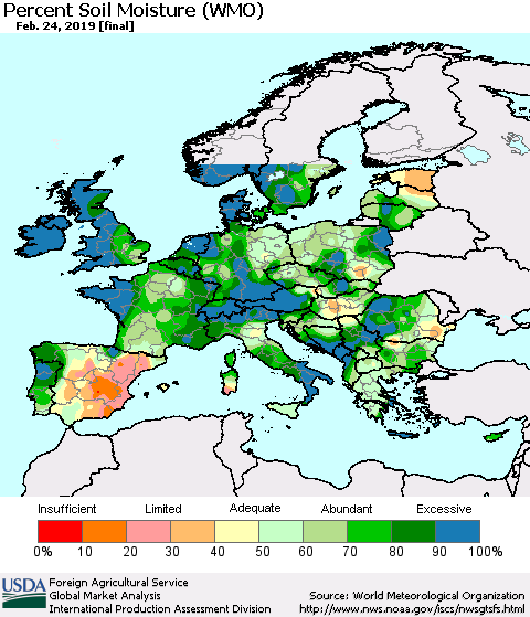 Europe Percent Soil Moisture (WMO) Thematic Map For 2/18/2019 - 2/24/2019
