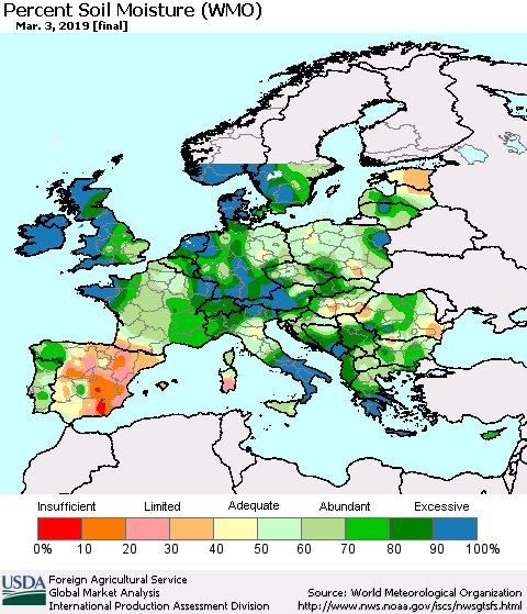 Europe Percent Soil Moisture (WMO) Thematic Map For 2/25/2019 - 3/3/2019