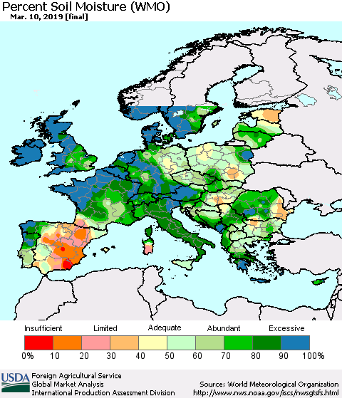 Europe Percent Soil Moisture (WMO) Thematic Map For 3/4/2019 - 3/10/2019