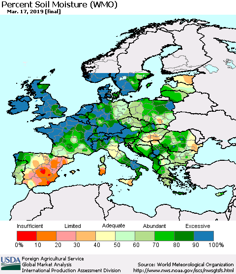 Europe Percent Soil Moisture (WMO) Thematic Map For 3/11/2019 - 3/17/2019