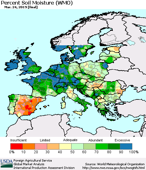 Europe Percent Soil Moisture (WMO) Thematic Map For 3/18/2019 - 3/24/2019