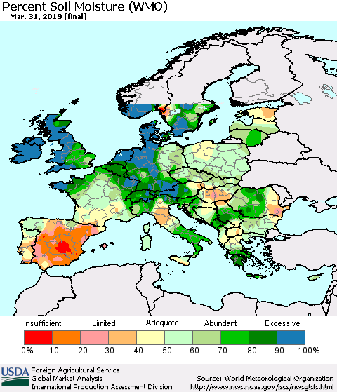 Europe Percent Soil Moisture (WMO) Thematic Map For 3/25/2019 - 3/31/2019