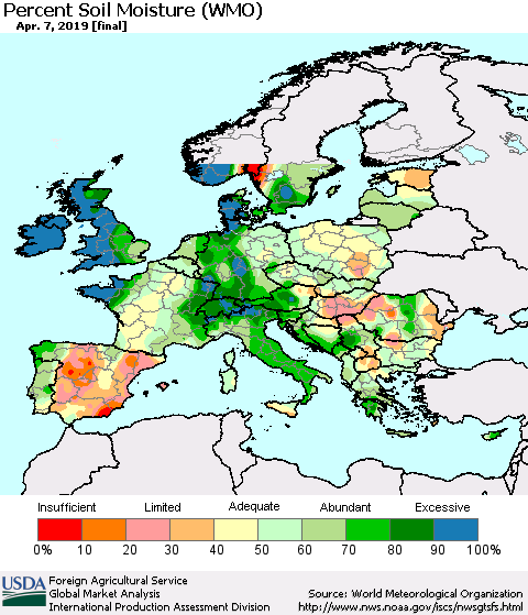 Europe Percent Soil Moisture (WMO) Thematic Map For 4/1/2019 - 4/7/2019