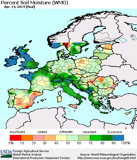 Europe Percent Soil Moisture (WMO) Thematic Map For 4/8/2019 - 4/14/2019