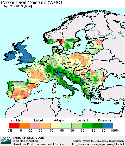 Europe Percent Soil Moisture (WMO) Thematic Map For 4/15/2019 - 4/21/2019