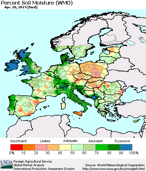Europe Percent Soil Moisture (WMO) Thematic Map For 4/22/2019 - 4/28/2019