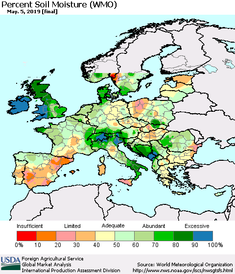 Europe Percent Soil Moisture (WMO) Thematic Map For 4/29/2019 - 5/5/2019