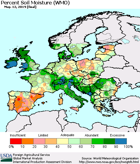 Europe Percent Soil Moisture (WMO) Thematic Map For 5/6/2019 - 5/12/2019