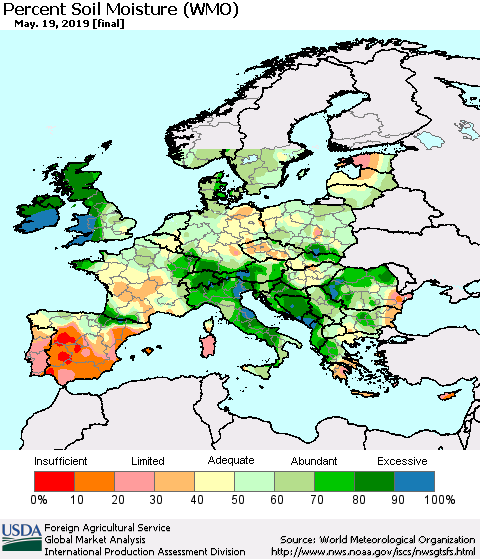 Europe Percent Soil Moisture (WMO) Thematic Map For 5/13/2019 - 5/19/2019