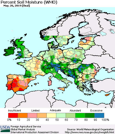 Europe Percent Soil Moisture (WMO) Thematic Map For 5/20/2019 - 5/26/2019