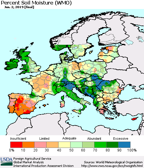 Europe Percent Soil Moisture (WMO) Thematic Map For 5/27/2019 - 6/2/2019
