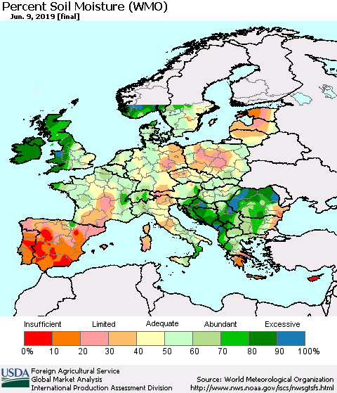 Europe Percent Soil Moisture (WMO) Thematic Map For 6/3/2019 - 6/9/2019