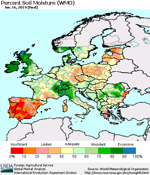Europe Percent Soil Moisture (WMO) Thematic Map For 6/10/2019 - 6/16/2019