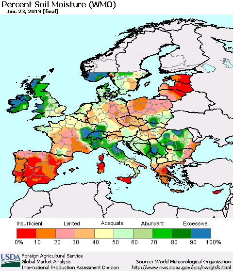 Europe Percent Soil Moisture (WMO) Thematic Map For 6/17/2019 - 6/23/2019